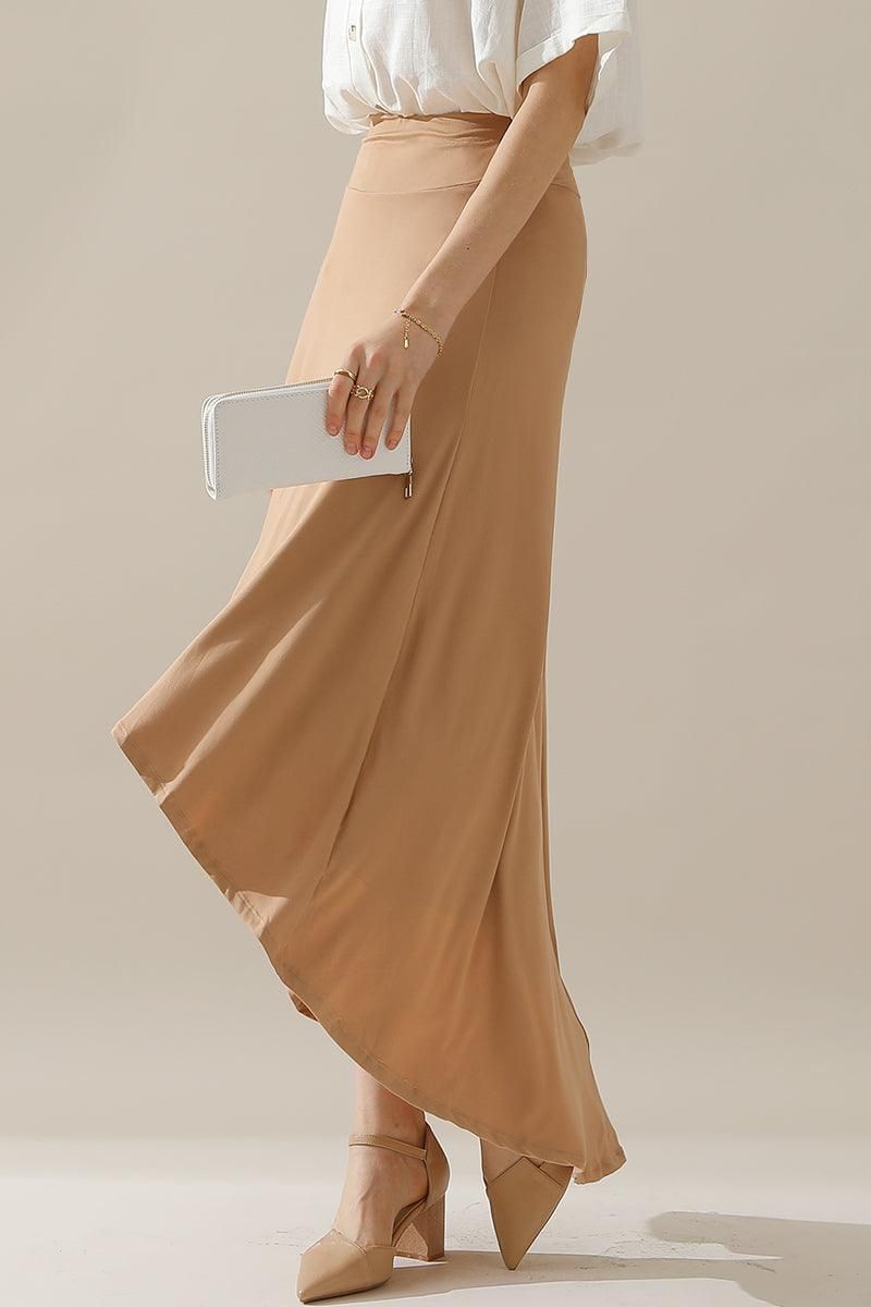 HIGH WAIST BANDED OVERLAP FLARE MAXI SKIRT - Doublju