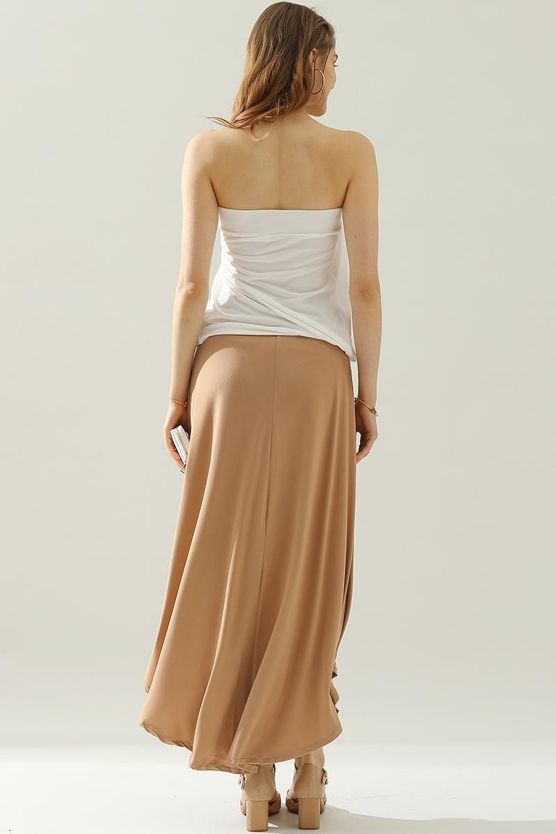 HIGH WAIST BANDED OVERLAP FLARE MAXI SKIRT - Doublju