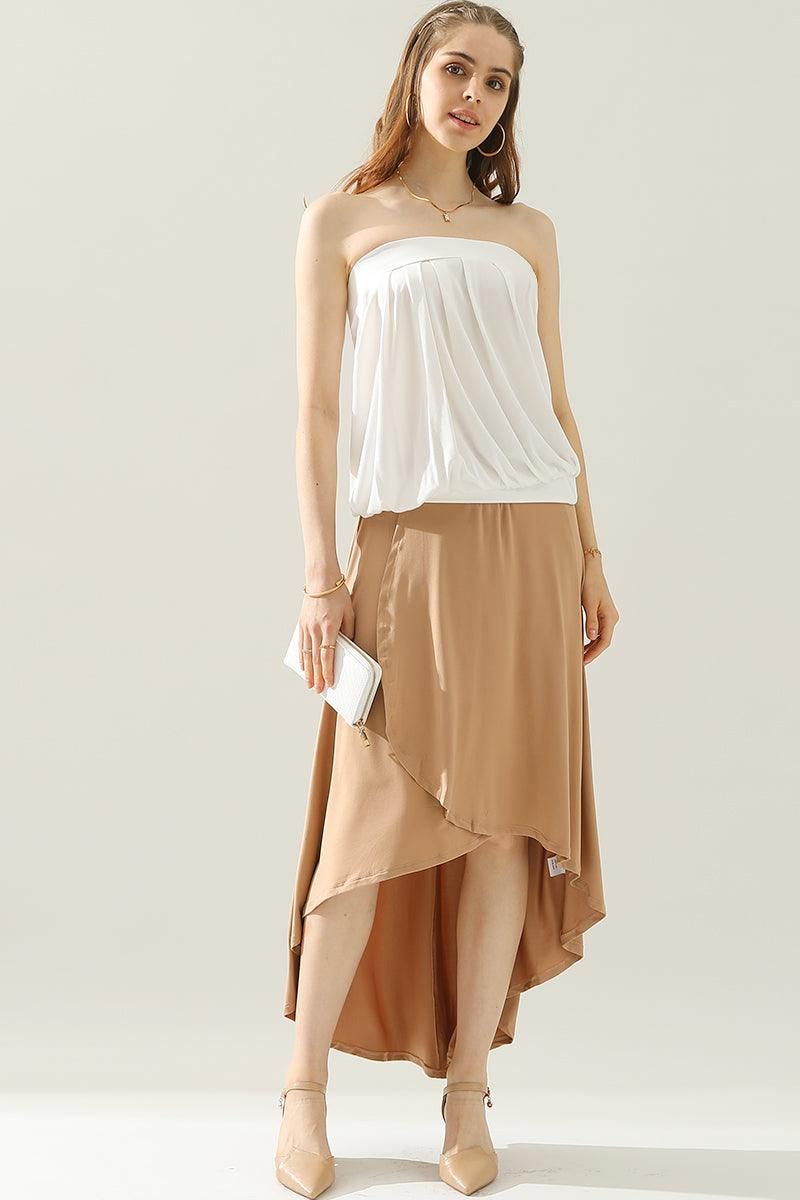 HIGH WAIST BANDED OVERLAP FLARE MAXI SKIRT - Doublju