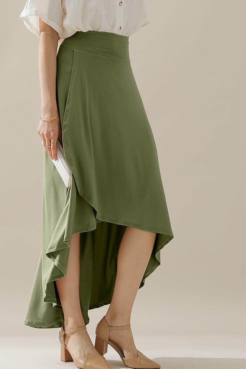 HIGH WAIST BANDED OVERLAP FLARE MAXI SKIRT - Doublju