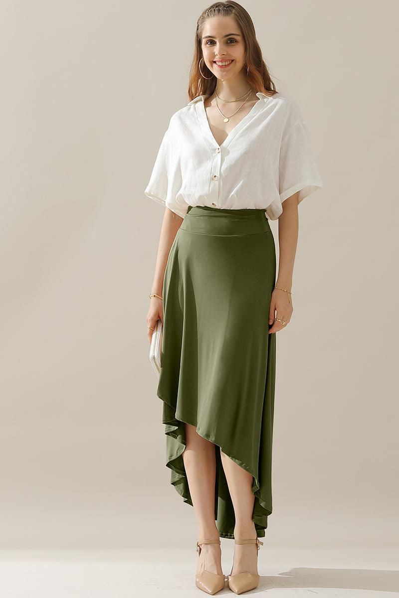 HIGH WAIST BANDED OVERLAP FLARE MAXI SKIRT - Doublju