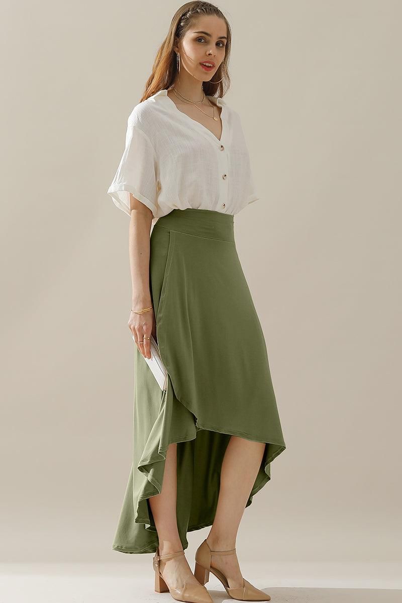 HIGH WAIST BANDED OVERLAP FLARE MAXI SKIRT - Doublju