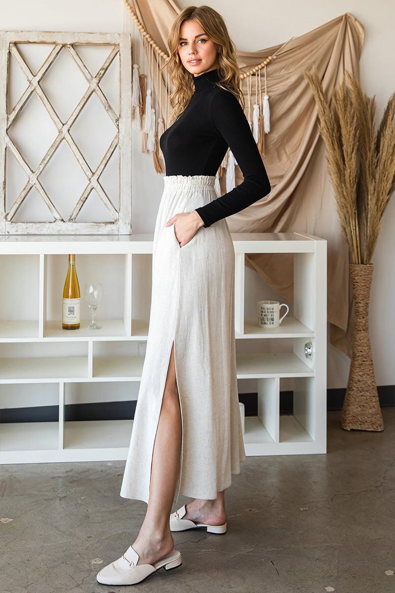 SIDE SLIT DETAILED MAXI LINEN SKIRT - Doublju