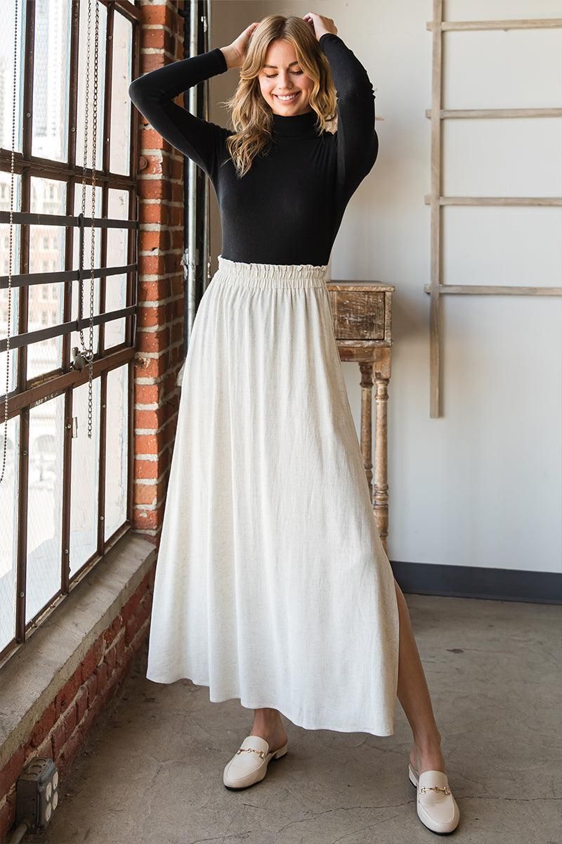 SIDE SLIT DETAILED MAXI LINEN SKIRT - Doublju