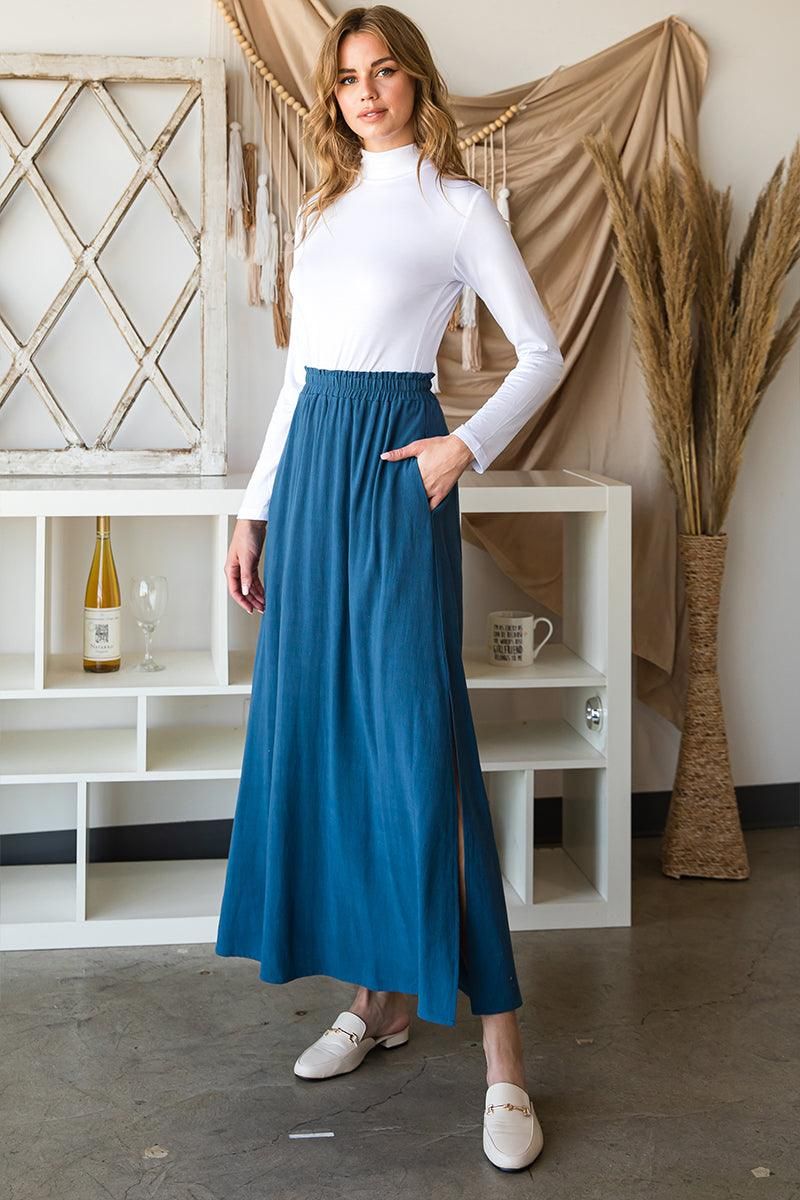 SIDE SLIT DETAILED MAXI LINEN SKIRT - Doublju