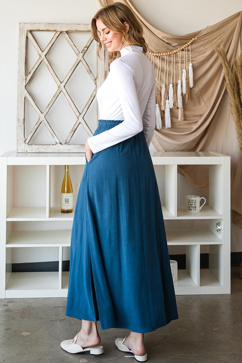 SIDE SLIT DETAILED MAXI LINEN SKIRT - Doublju