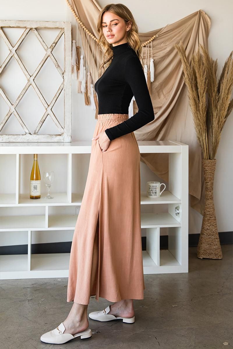 SIDE SLIT DETAILED MAXI LINEN SKIRT - Doublju