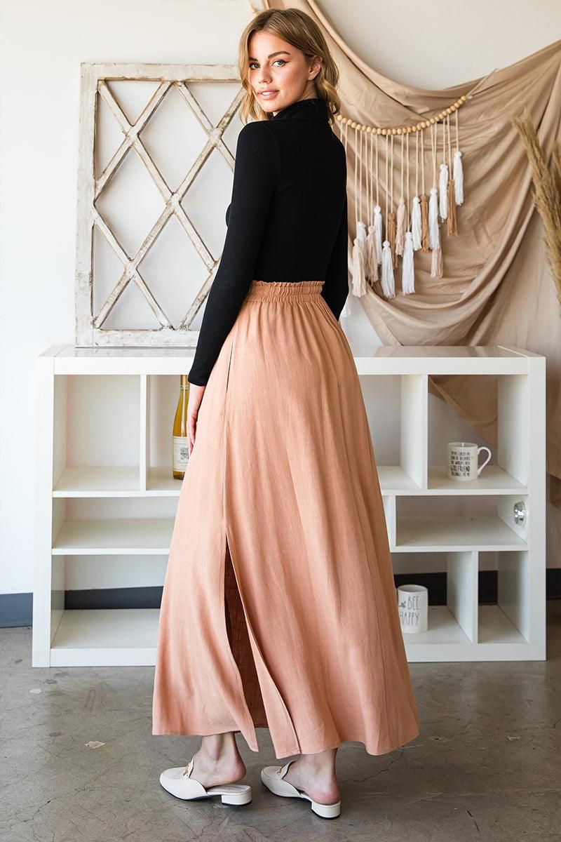 SIDE SLIT DETAILED MAXI LINEN SKIRT - Doublju