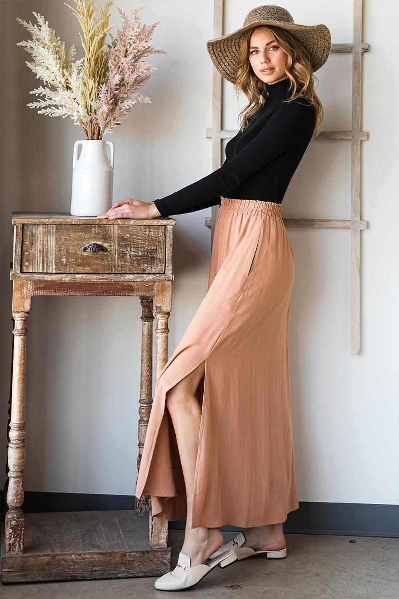 SIDE SLIT DETAILED MAXI LINEN SKIRT - Doublju