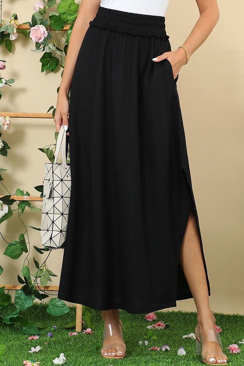 BANDED SMOCKING WAIST MAXI SKIRT WITH POCKET - Doublju