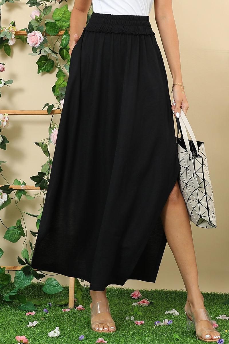 BANDED SMOCKING WAIST MAXI SKIRT WITH POCKET - Doublju