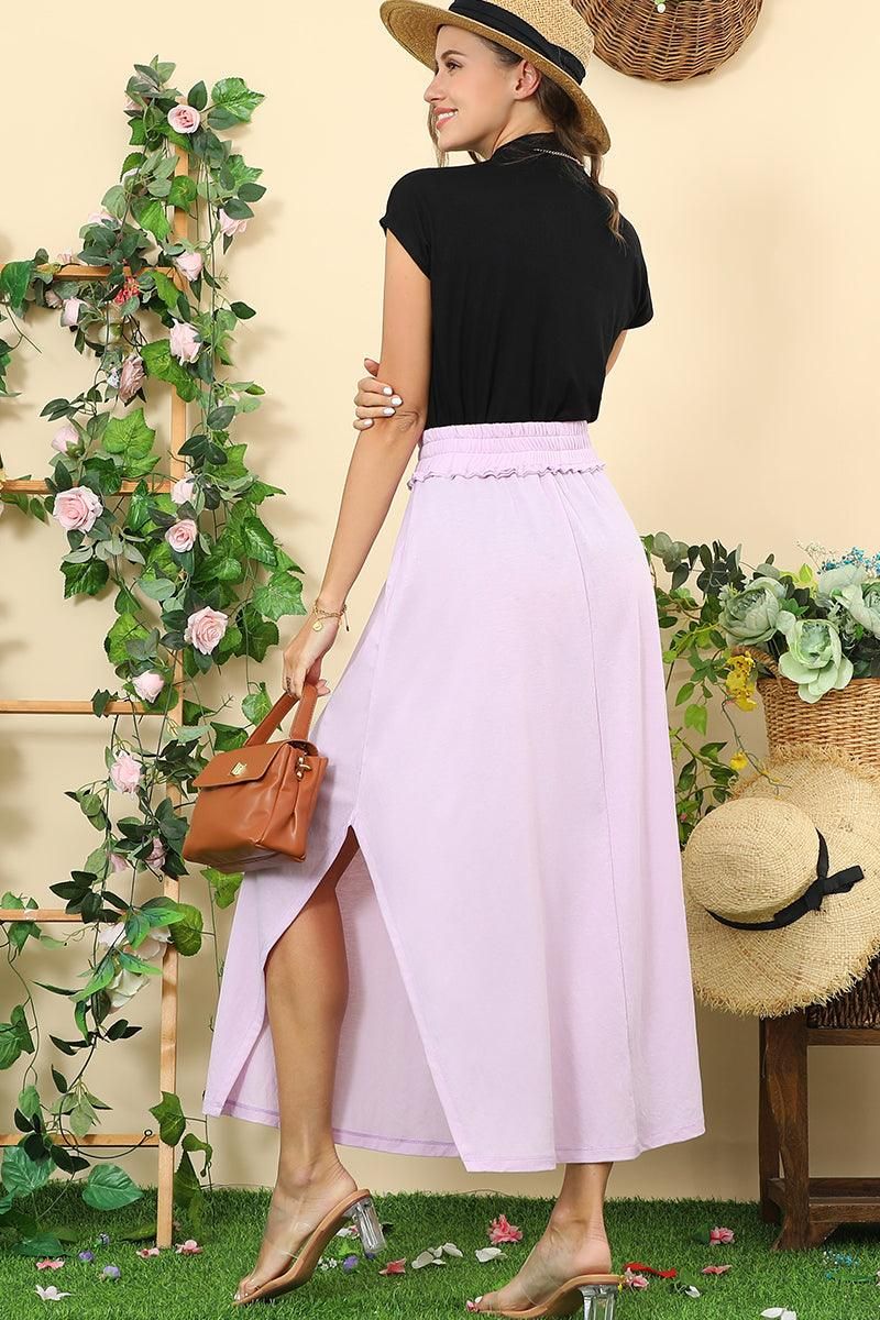 BANDED SMOCKING WAIST MAXI SKIRT WITH POCKET - Doublju