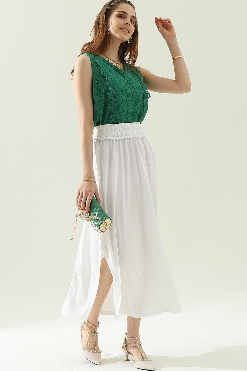 BANDED SMOCKING WAIST MAXI SKIRT WITH POCKET - Doublju