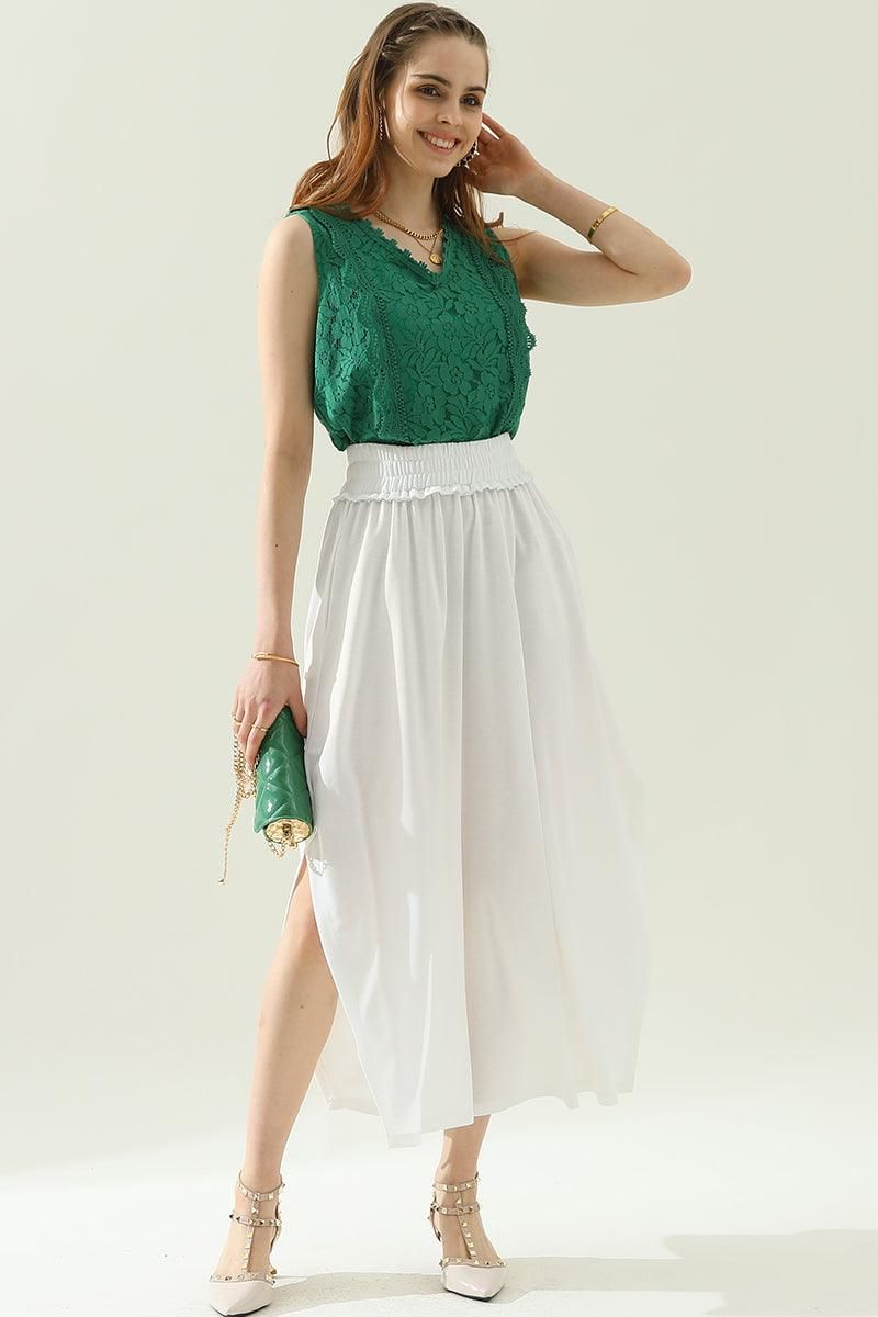 BANDED SMOCKING WAIST MAXI SKIRT WITH POCKET - Doublju