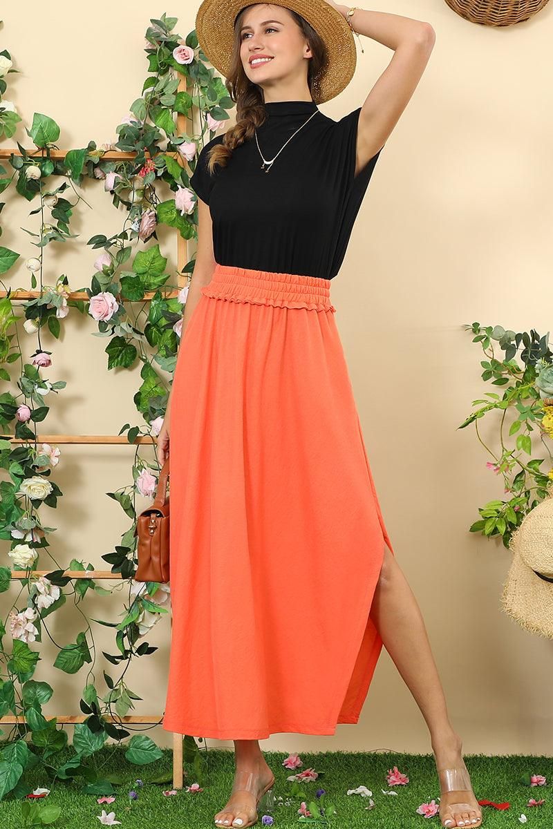 BANDED SMOCKING WAIST MAXI SKIRT WITH POCKET - Doublju