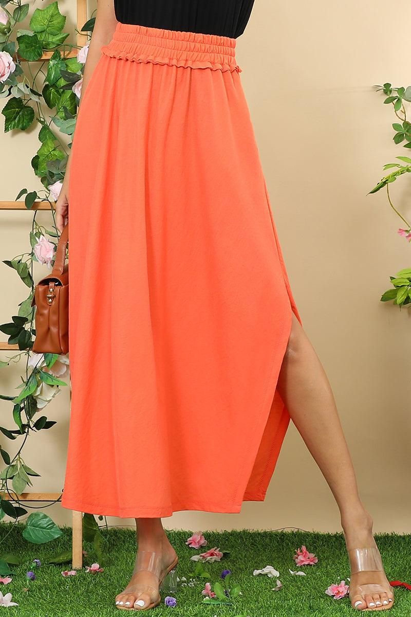 BANDED SMOCKING WAIST MAXI SKIRT WITH POCKET - Doublju