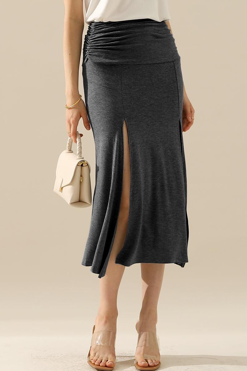 HIGH WAIST SHIRRED FLOUNCE MAXI SKIRTS WITH SLIT - Doublju