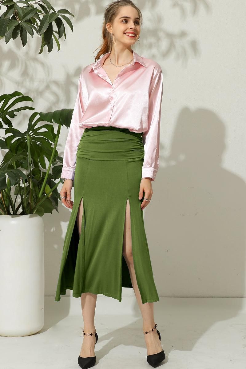 HIGH WAIST SHIRRED FLOUNCE MAXI SKIRTS WITH SLIT - Doublju