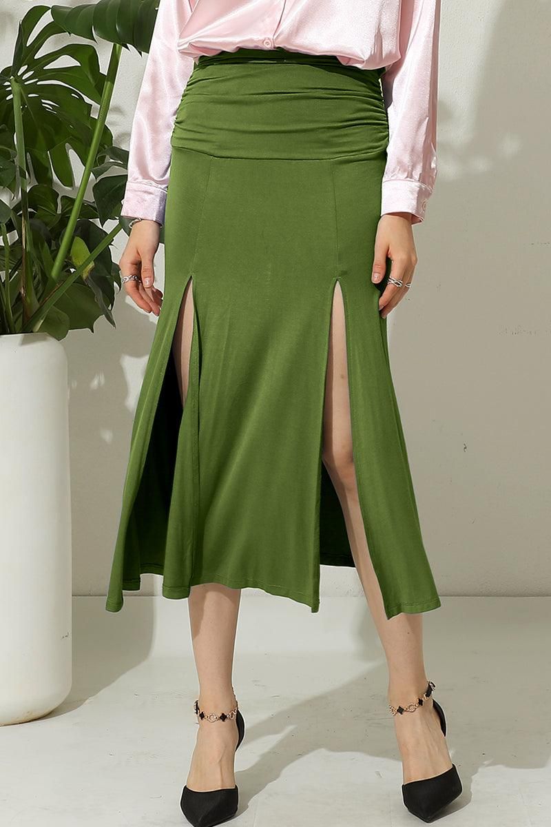 HIGH WAIST SHIRRED FLOUNCE MAXI SKIRTS WITH SLIT - Doublju