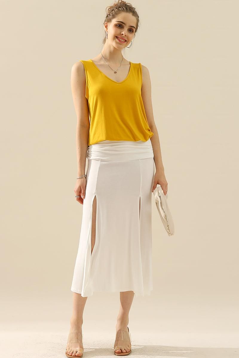 HIGH WAIST SHIRRED FLOUNCE MAXI SKIRTS WITH SLIT - Doublju