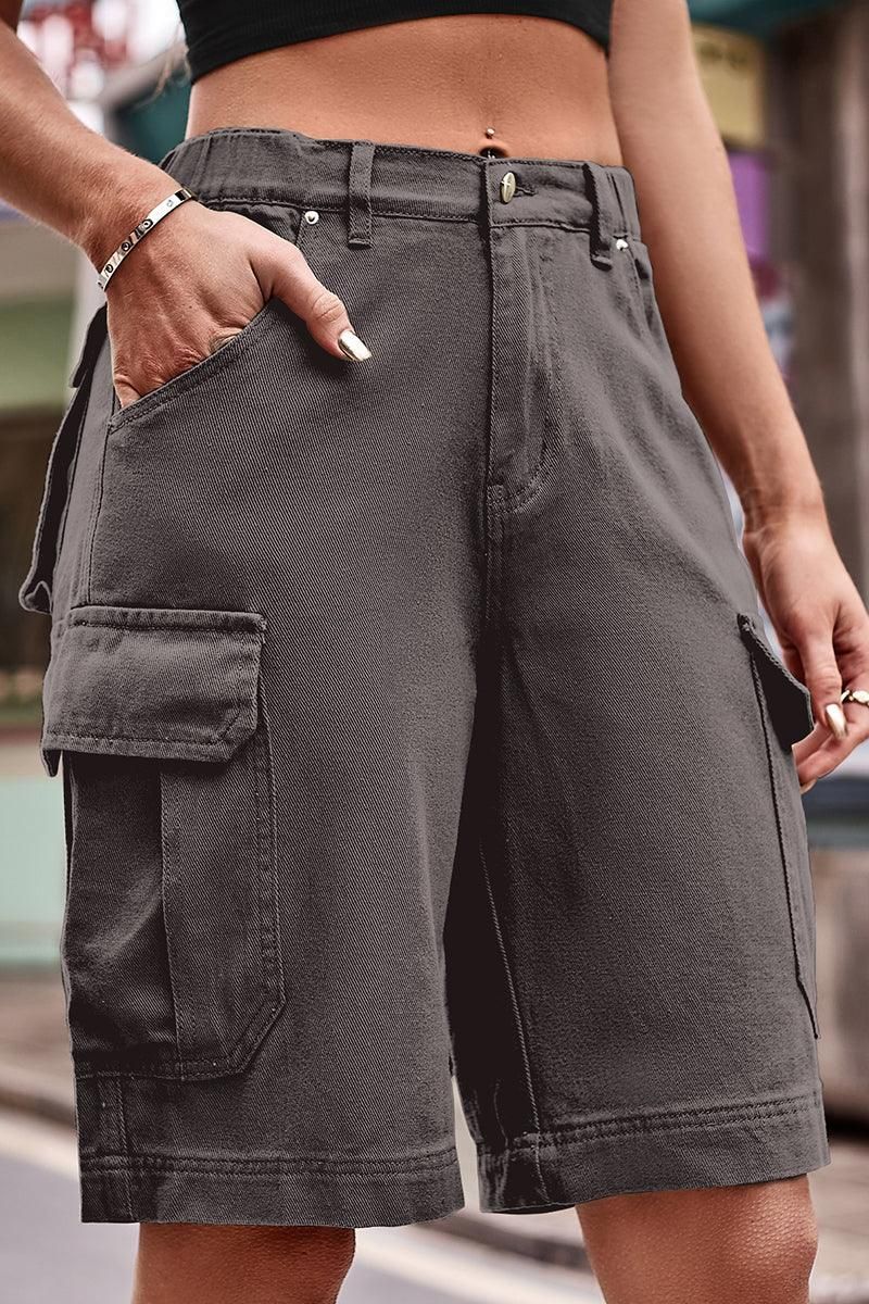 SIMPLE BIG POCKET MIDI CARGO PANTS - Doublju