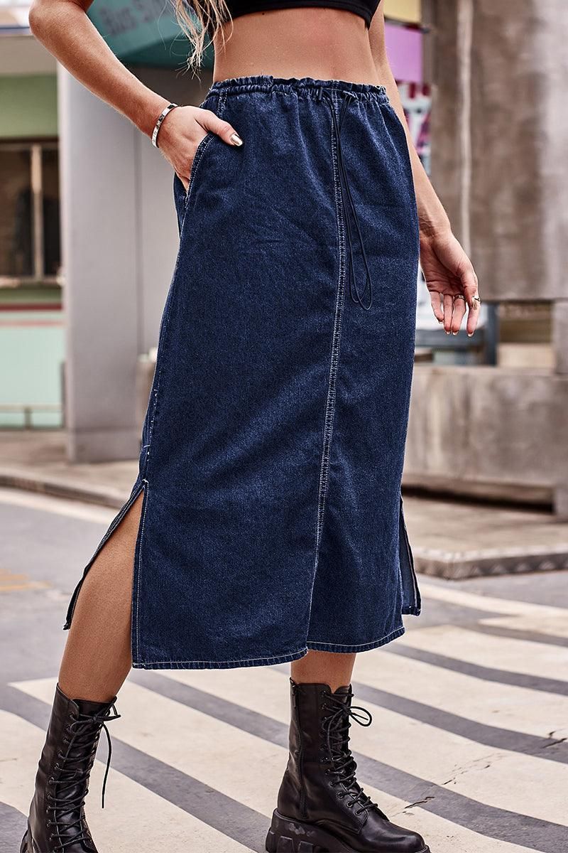 SIDE SLIT CASUAL DENIM MIDI SKIRT - Doublju