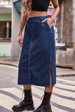 SIDE SLIT CASUAL DENIM MIDI SKIRT - Doublju