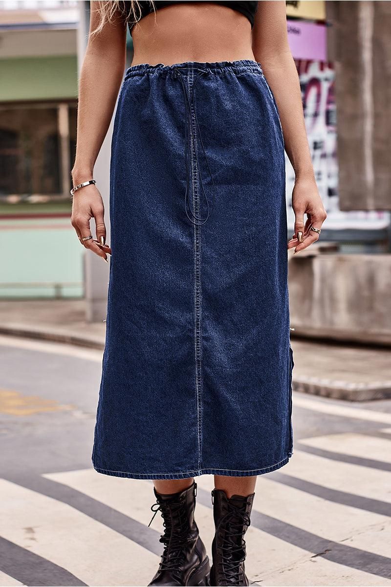 SIDE SLIT CASUAL DENIM MIDI SKIRT - Doublju