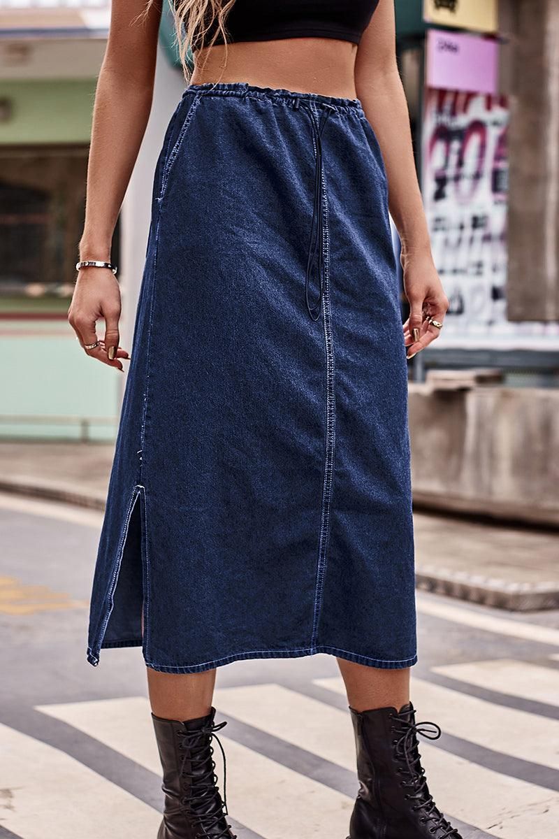 SIDE SLIT CASUAL DENIM MIDI SKIRT - Doublju