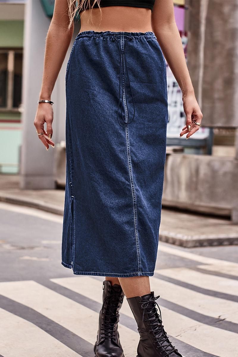 SIDE SLIT CASUAL DENIM MIDI SKIRT - Doublju