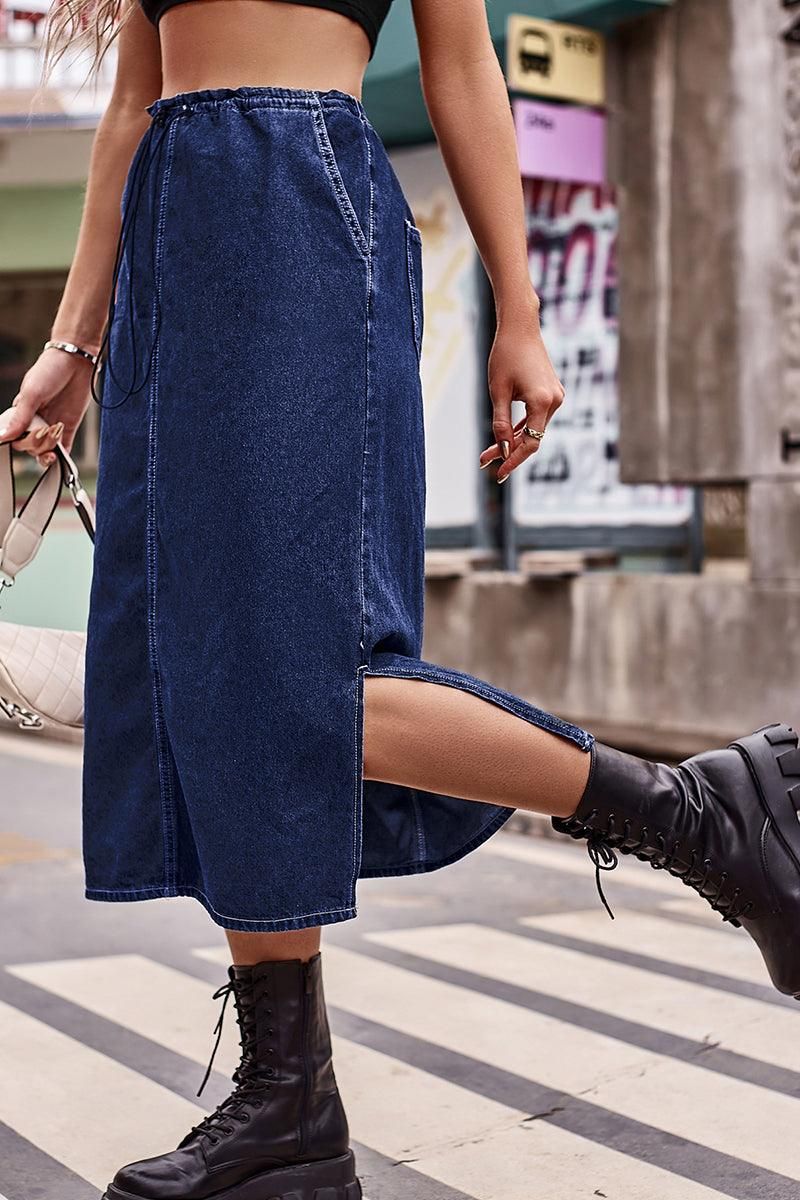 SIDE SLIT CASUAL DENIM MIDI SKIRT - Doublju