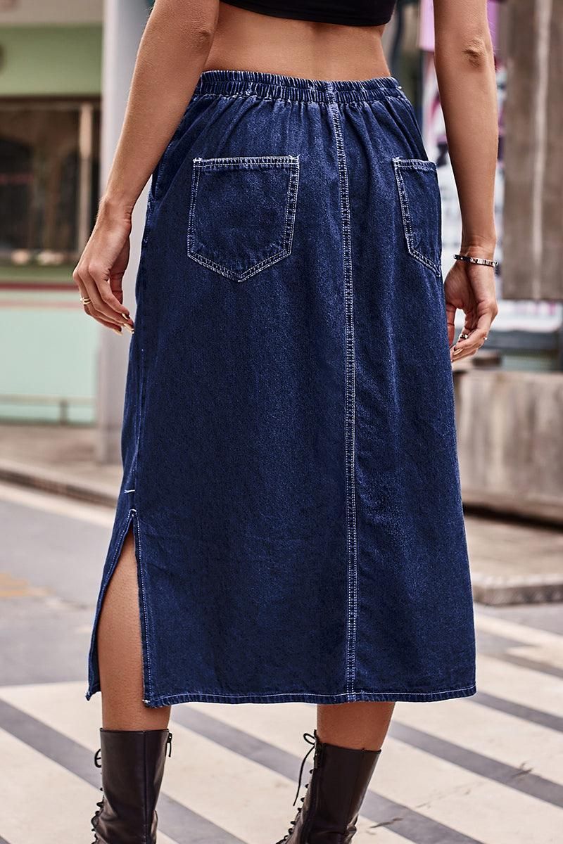 SIDE SLIT CASUAL DENIM MIDI SKIRT - Doublju