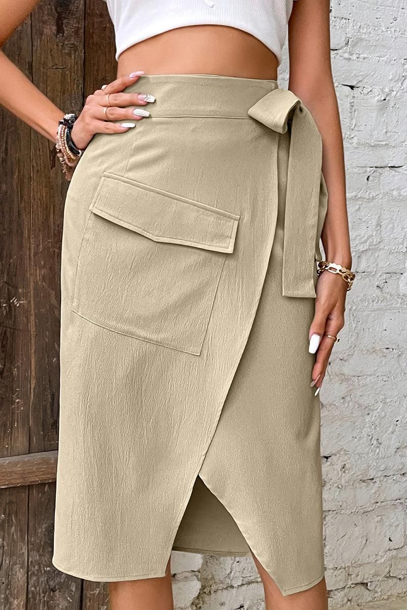 TULIP SHAPE TIED HIGH WAIST BIG POCKET SLIT SKIRT - Doublju