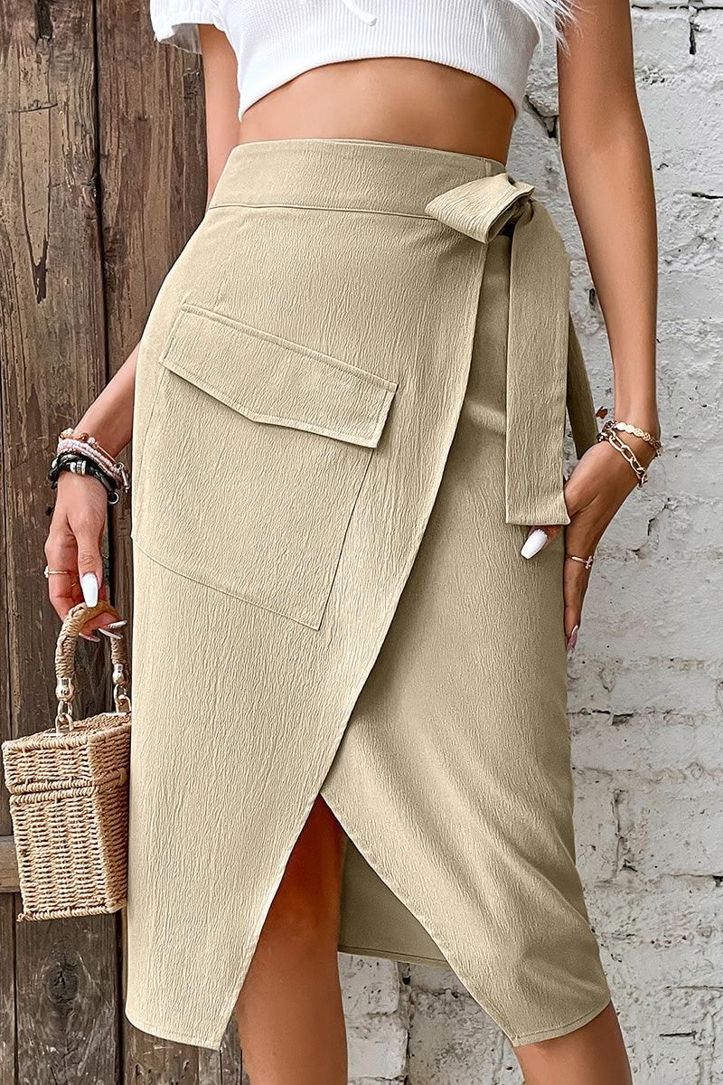 TULIP SHAPE TIED HIGH WAIST BIG POCKET SLIT SKIRT - Doublju