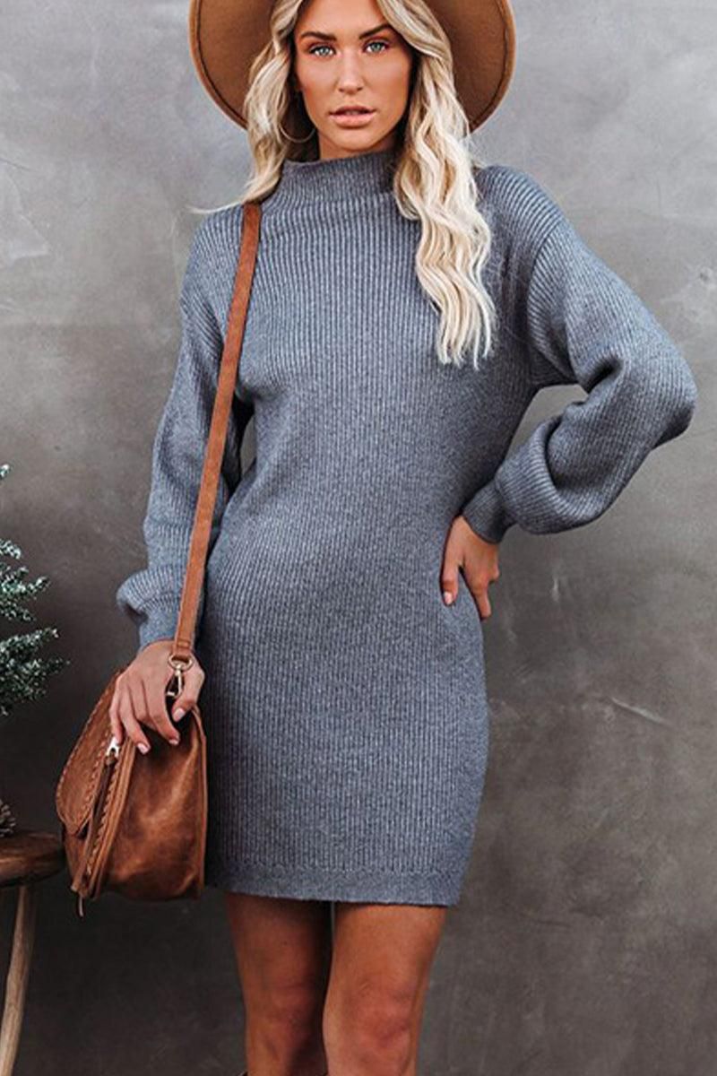 WOMEN HIGH NECK KNITTED SHORT DRESS - Doublju