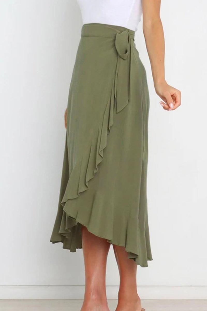 TRENDY WOMEN RUFFLED EDGING LACE UP SKIRT - Doublju