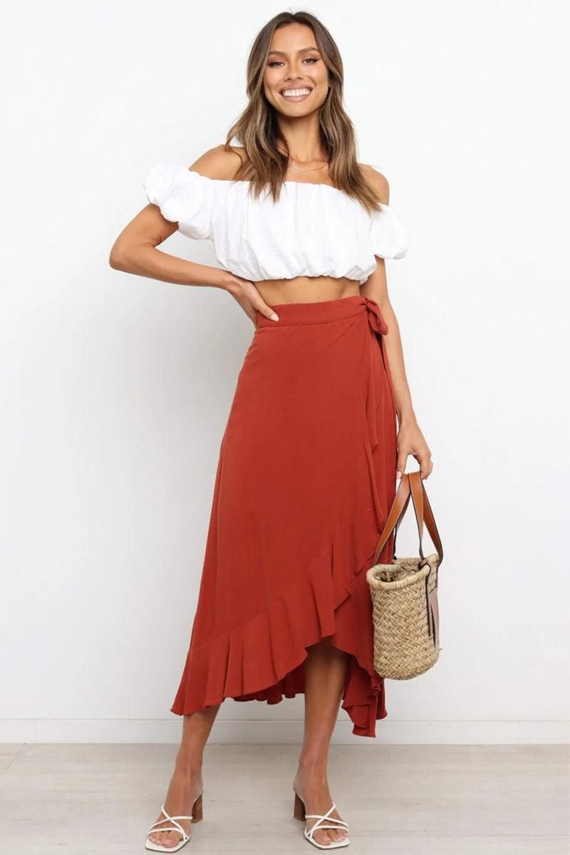 TRENDY WOMEN RUFFLED EDGING LACE UP SKIRT - Doublju