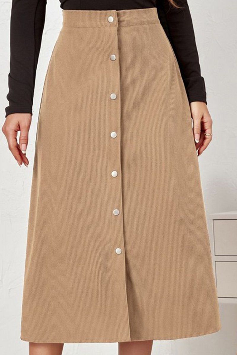 WOMEN FRONT BUTTON UP CORDUROY A LINE MIDI SKIRT