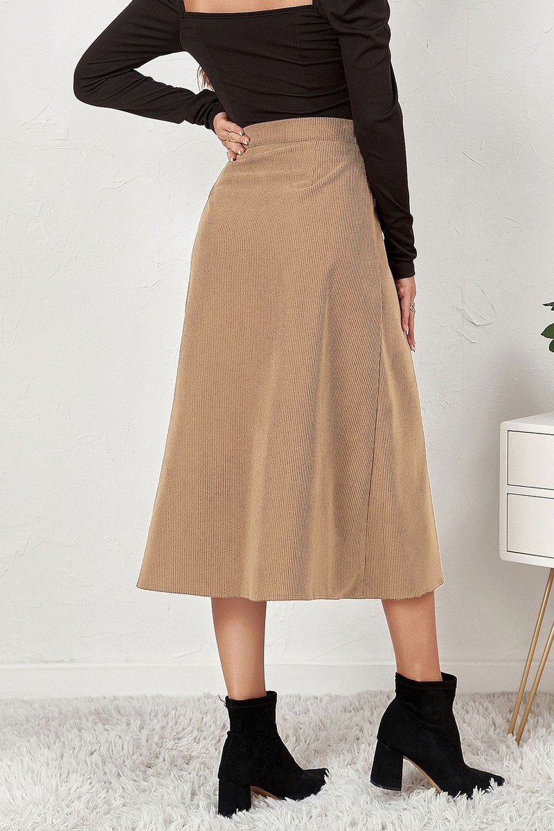 WOMEN FRONT BUTTON UP CORDUROY A LINE MIDI SKIRT