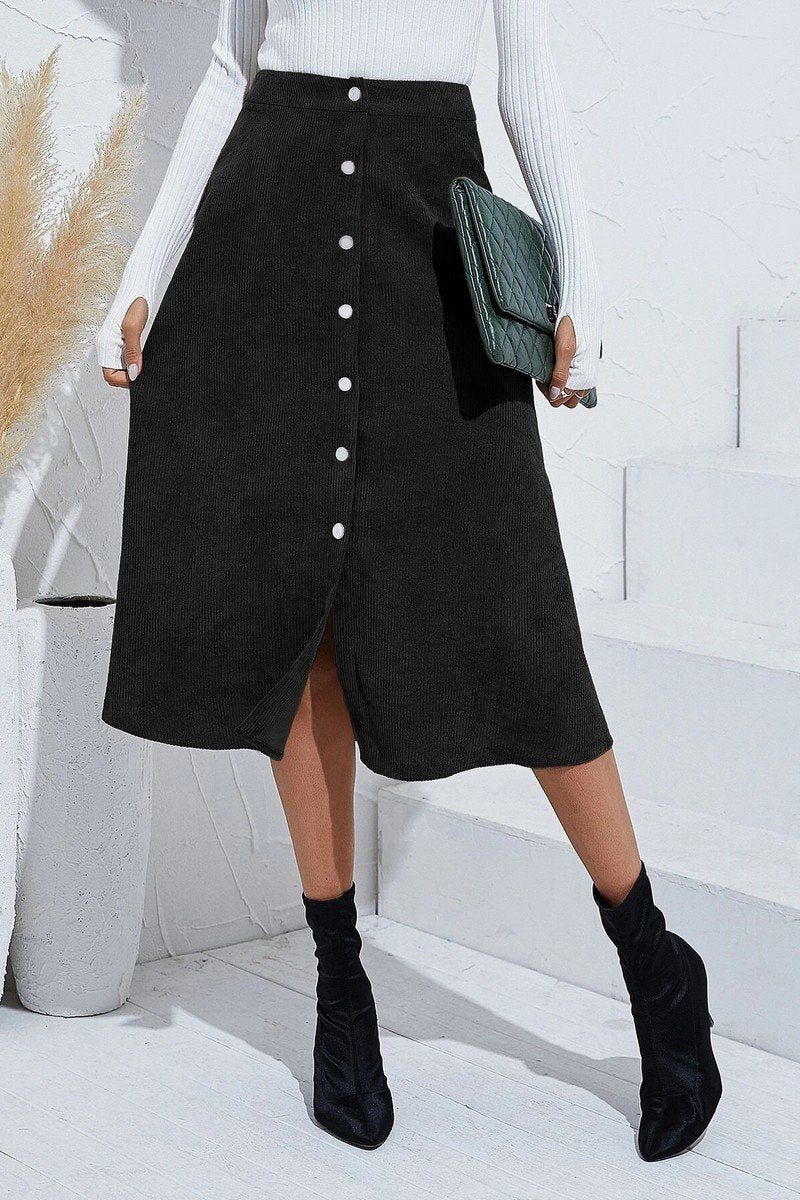 WOMEN FRONT BUTTON UP CORDUROY A LINE MIDI SKIRT