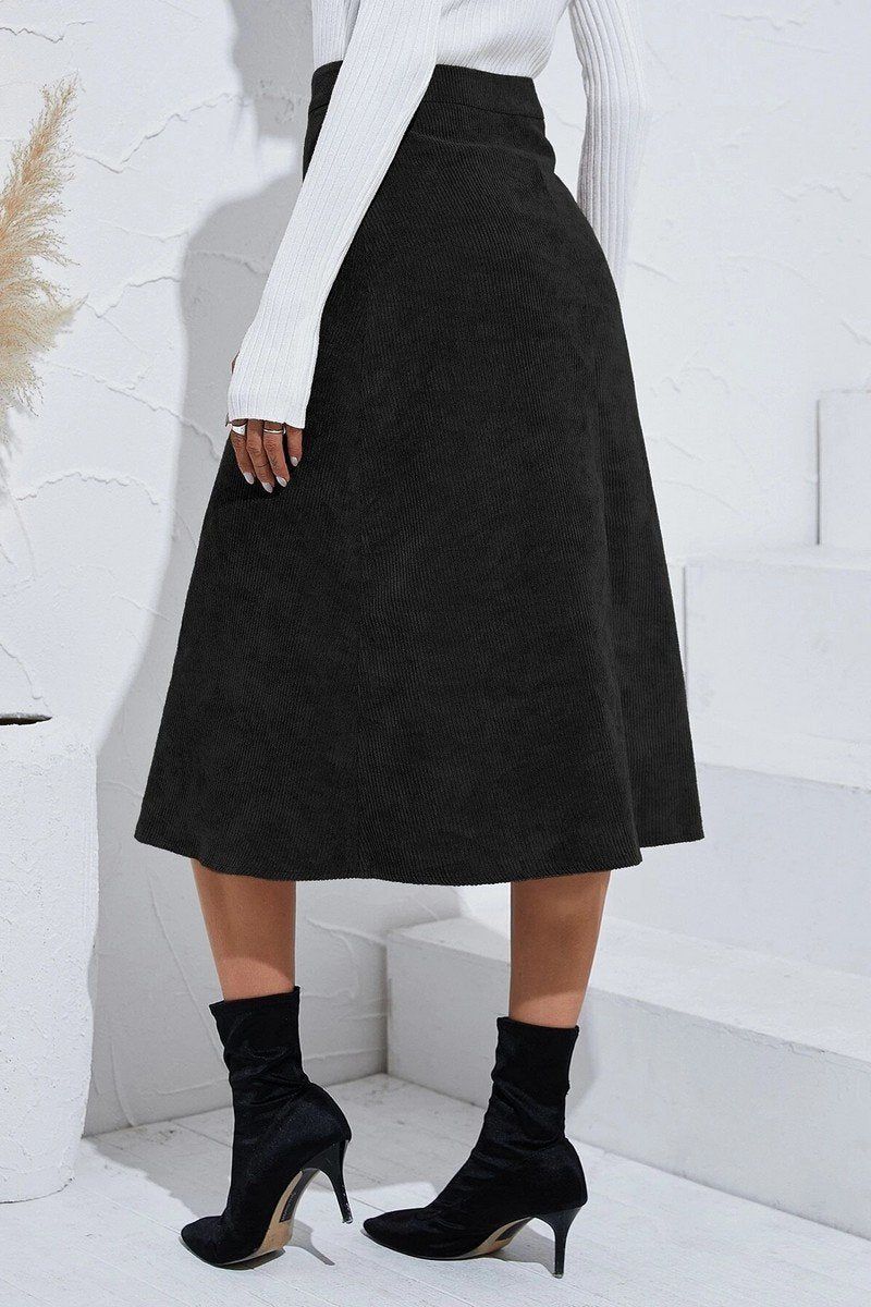 WOMEN FRONT BUTTON UP CORDUROY A LINE MIDI SKIRT