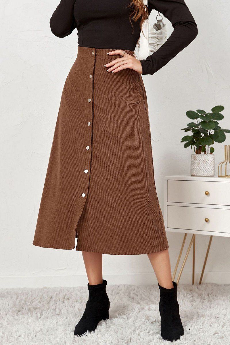 WOMEN FRONT BUTTON UP CORDUROY A LINE MIDI SKIRT