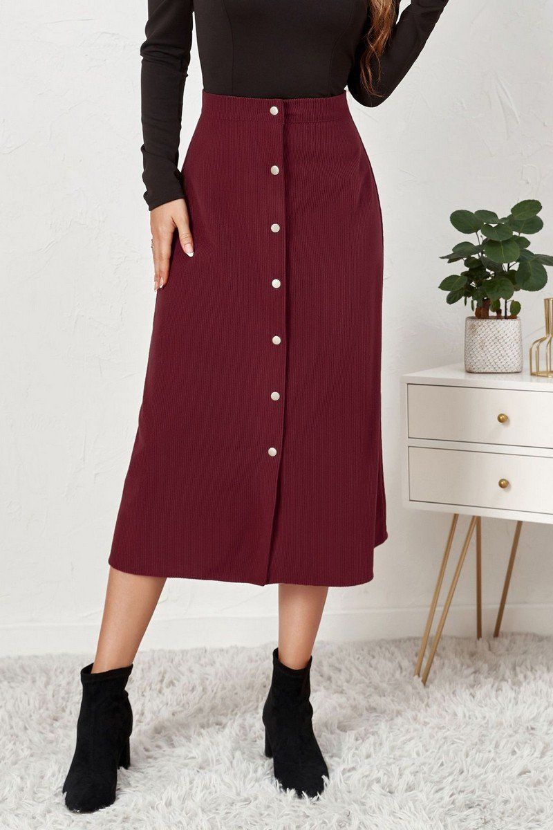 WOMEN FRONT BUTTON UP CORDUROY A LINE MIDI SKIRT