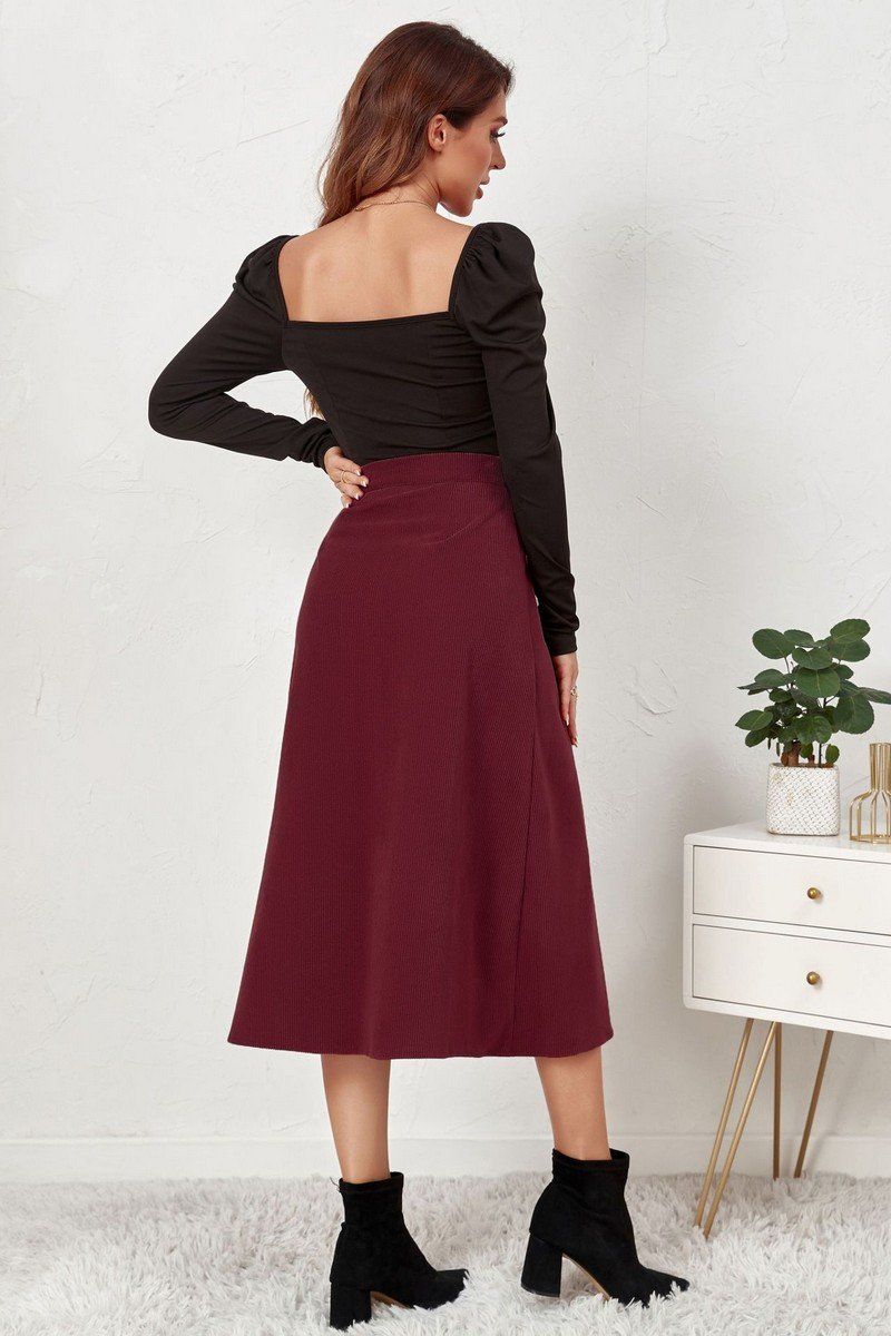 WOMEN FRONT BUTTON UP CORDUROY A LINE MIDI SKIRT