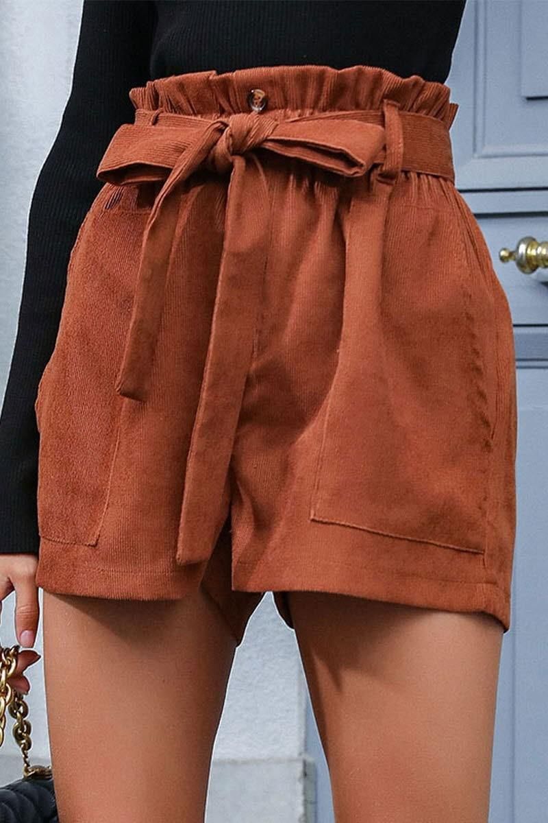 CASUAL PURE COLOR LACE CORDUROY LOOSE SHORTS - Doublju