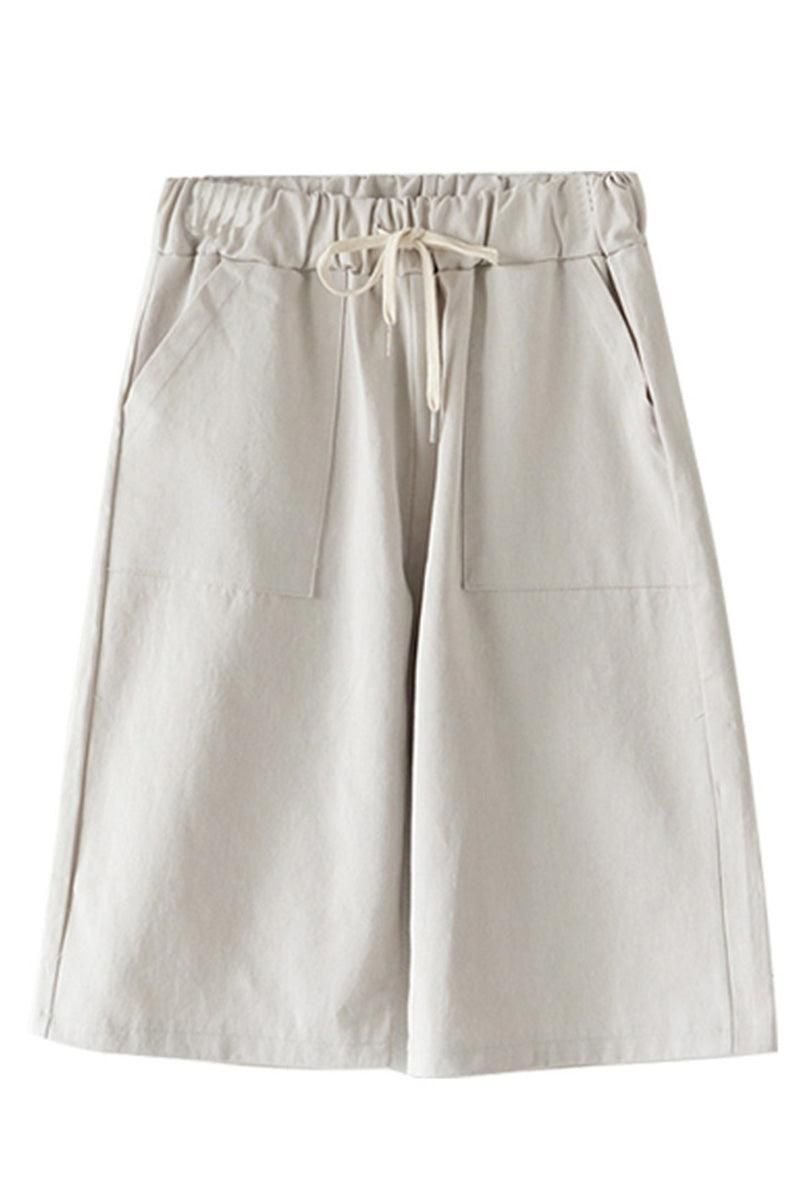 ELASTIC WAIST DRAWSTRING MID LENGTH SHORTS - Doublju