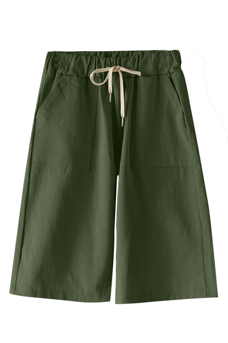 ELASTIC WAIST DRAWSTRING MID LENGTH SHORTS - Doublju