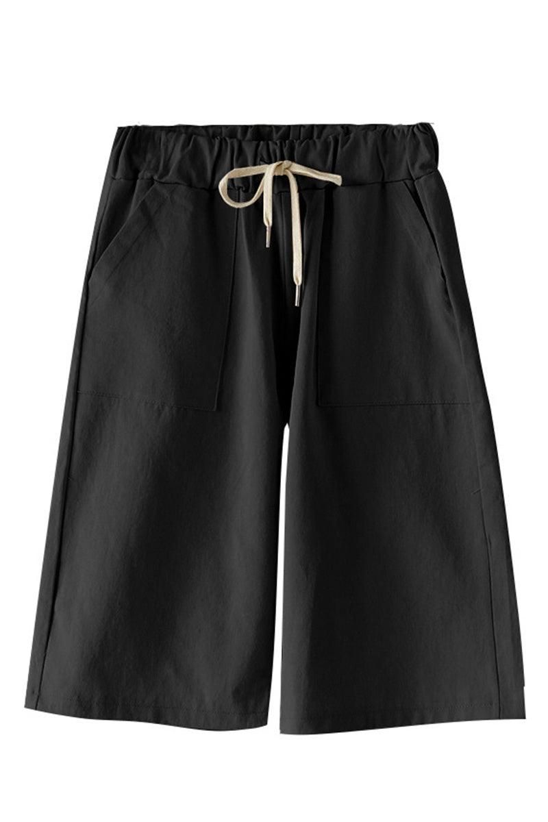 ELASTIC WAIST DRAWSTRING MID LENGTH SHORTS - Doublju