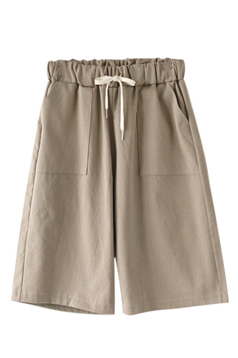 ELASTIC WAIST DRAWSTRING MID LENGTH SHORTS - Doublju