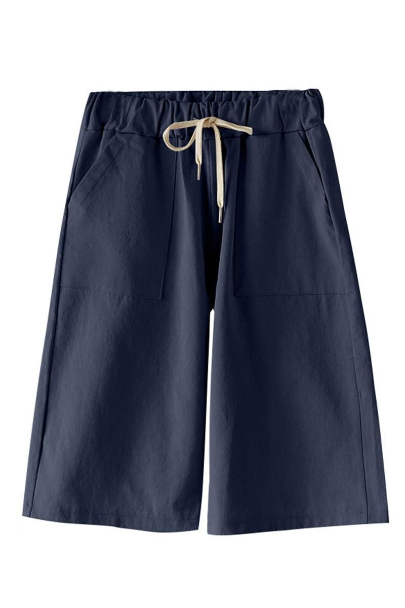 ELASTIC WAIST DRAWSTRING MID LENGTH SHORTS - Doublju